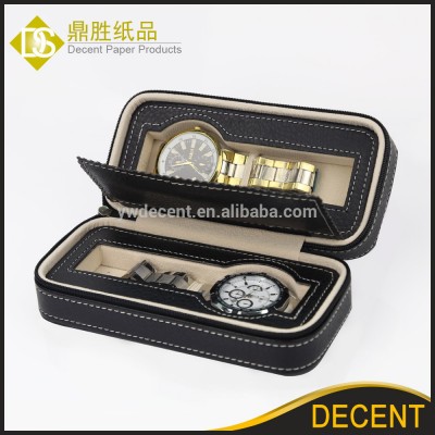 Wholesale Luxury 2 Slots Black PU Leatheroid Zipper Watch Travel Storage Box