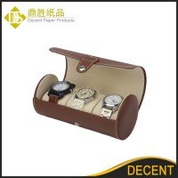 YIWU DECENT Wholesale 3 Slots Brown Round PU Leather Portable Watch Travel Box Case