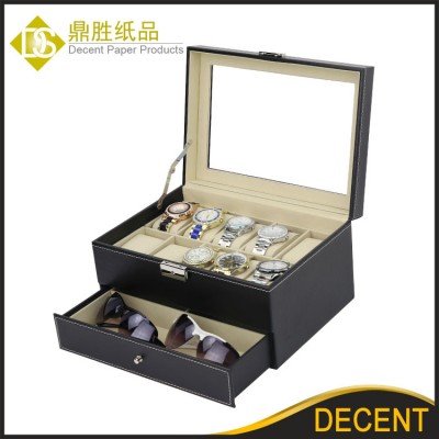 YIWU DECENT Double Layer PU Leather Jewelry Organizer Watch Eyeglasses Storage Box