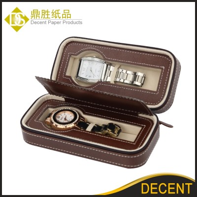 Ready Stock Fashionable 2 Grid Brown PU Leather Zipper Watch Case Travel Wholesale